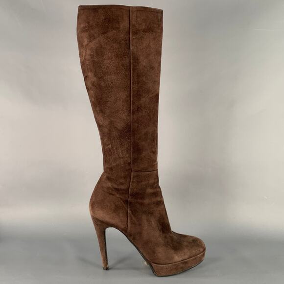 BARNEY'S CO-OP Size 9 Brown Suede Calf High Platform Stiletto Boots - Picture 2 of 8